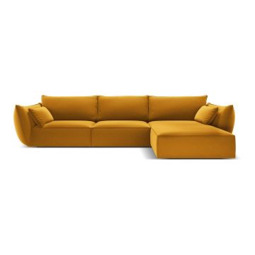 Colțar galben muștar cu tapițerie din catifea (cu colț pe partea dreaptă, cu șezlong) Vanda – Mazzini Sofas