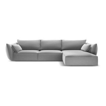 Colțar gri deschis cu tapițerie din catifea (cu colț pe partea dreaptă, cu șezlong) Vanda – Mazzini Sofas