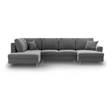 Colțar gri deschis extensibil, cu spațiu de depozitare cu tapițerie din catifea (cu colț pe partea stângă-în formă de 