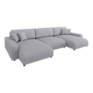 Colțar gri deschis extensibil, cu spațiu de depozitare, cu tapițerie din catifea reiată Sara – Ropez