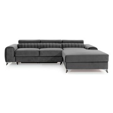 Colțar gri închis extensibil/cu spațiu de depozitare cu tapițerie din catifea (cu colț pe partea dreaptă/cu șezlong) Grayson – ELTAP