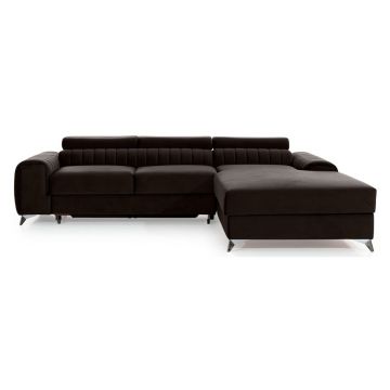 Colțar maro închis extensibil/cu spațiu de depozitare cu tapițerie din catifea (cu colț pe partea dreaptă/cu șezlong) Grayson – ELTAP