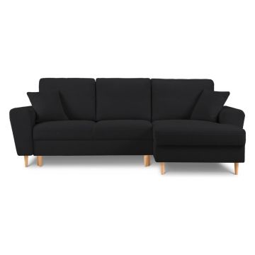 Colțar negru extensibil, cu spațiu de depozitare cu tapițerie din țesătură bouclé (cu colț pe partea dreaptă, cu șezlong) Kyoto – Cosmopolitan Design