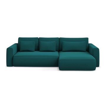 Colțar turcoaz extensibil/cu spațiu de depozitare cu tapițerie din catifea (cu colț pe partea dreaptă/cu șezlong) Kapua – Makamii