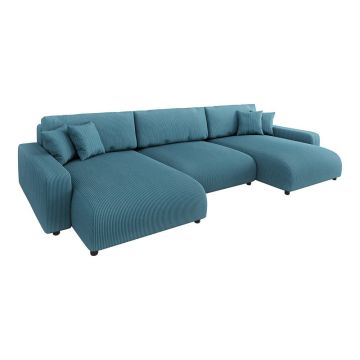 Colțar turcoaz extensibil, cu spațiu de depozitare, cu tapițerie din catifea reiată Sara – Ropez