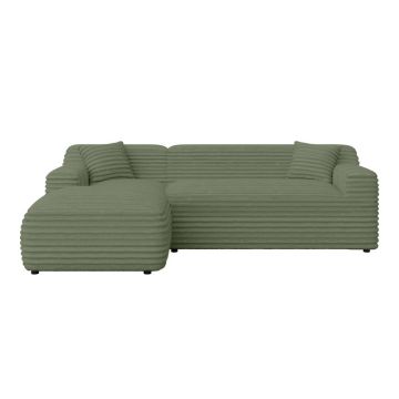 Colțar verde cu tapițerie din catifea reiată (cu colț pe partea stângă, cu șezlong) Martin – Ropez