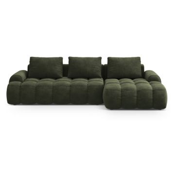 Colțar verde extensibil/cu spațiu de depozitare cu tapițerie din catifea (cu colț pe partea dreaptă/cu șezlong) Linz – Cosmopolitan Design