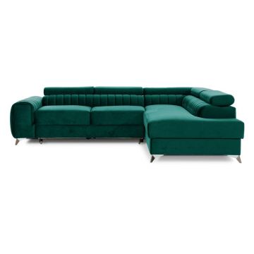 Colțar verde extensibil/cu spațiu de depozitare cu tapițerie din catifea (cu colț pe partea dreaptă/în formă de ”L”) Laurence – ELTAP