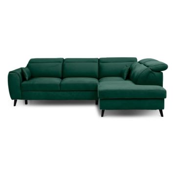 Colțar verde extensibil/cu spațiu de depozitare cu tapițerie din catifea (cu colț pe partea dreaptă/în formă de ”L”) Noble – ELTAP