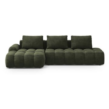 Colțar verde extensibil/cu spațiu de depozitare cu tapițerie din catifea (cu colț pe partea stângă/cu șezlong) Linz – Cosmopolitan Design