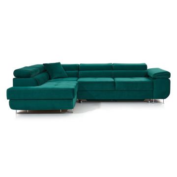 Colțar verde extensibil/cu spațiu de depozitare cu tapițerie din catifea (cu colț pe partea stângă/în formă de ”L”) Anton – ELTAP