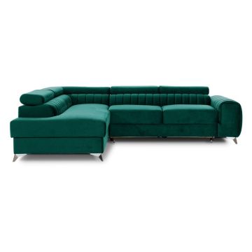 Colțar verde extensibil/cu spațiu de depozitare cu tapițerie din catifea (cu colț pe partea stângă/în formă de ”L”) Laurence – ELTAP