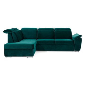 Colțar verde extensibil/cu spațiu de depozitare cu tapițerie din catifea (cu colț pe partea stângă/în formă de ”L”) Loreto – ELTAP