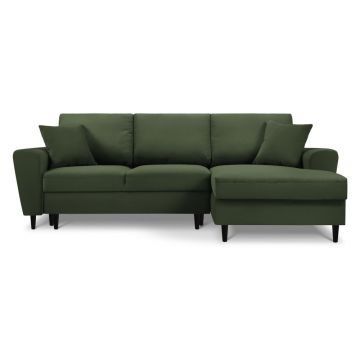Colțar verde extensibil, cu spațiu de depozitare cu tapițerie din catifea reiată (cu colț pe partea dreaptă, cu șezlong) Kyoto – Cosmopolitan Design