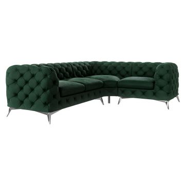 Colțar verde închis cu tapițerie din catifea (cu colț pe partea dreaptă/în formă de ”L”) Chelsea – Ropez