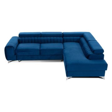 Colțar albastru extensibil/cu spațiu de depozitare cu tapițerie din catifea (cu colț pe partea dreaptă/în formă de ”L”) Laurence – ELTAP
