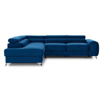 Colțar albastru extensibil/cu spațiu de depozitare cu tapițerie din catifea (cu colț pe partea stângă/în formă de ”L”) Laurence – ELTAP
