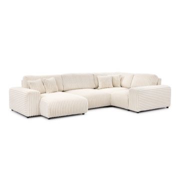 Colțar crem cu tapițerie din catifea reiată (cu colț pe partea dreaptă/în formă de 