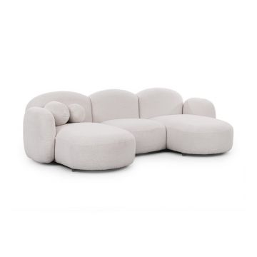 Colțar crem cu tapițerie din țesătură bouclé (în formă de 