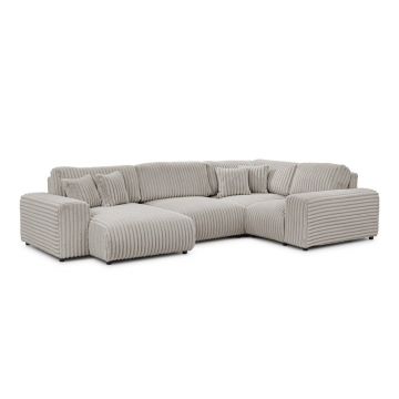 Colțar gri deschis cu tapițerie din catifea reiată (cu colț pe partea dreaptă/în formă de 