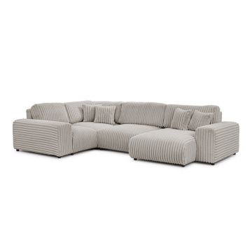 Colțar gri deschis cu tapițerie din catifea reiată (cu colț pe partea stângă/în formă de 