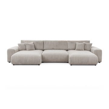 Colțar gri deschis extensibil/cu spațiu de depozitare cu tapițerie din catifea reiată (în formă de 