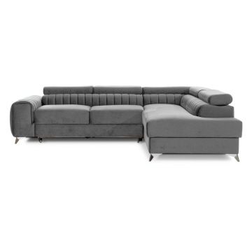 Colțar gri extensibil/cu spațiu de depozitare cu tapițerie din catifea (cu colț pe partea dreaptă/în formă de ”L”) Laurence – ELTAP