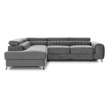 Colțar gri extensibil/cu spațiu de depozitare cu tapițerie din catifea (cu colț pe partea stângă/în formă de ”L”) Laurence – ELTAP