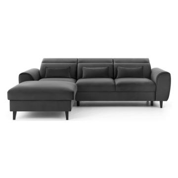 Colțar gri închis extensibil/cu spațiu de depozitare cu tapițerie din catifea (cu colț pe partea stângă/cu șezlong) Foble – ELTAP