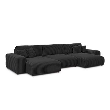 Colțar gri închis extensibil/cu spațiu de depozitare cu tapițerie din catifea reiată (în formă de 