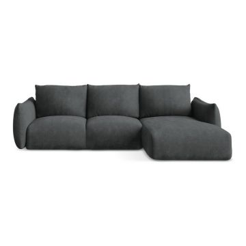 Colțar gri închis extensibil cu tapițerie din chenille (cu colț pe partea dreaptă/cu șezlong) Leila – Makamii