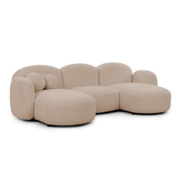 Colțar maro deschis cu tapițerie din țesătură bouclé (în formă de 