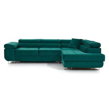 Colțar verde extensibil/cu spațiu de depozitare cu tapițerie din catifea (cu colț pe partea dreaptă/în formă de ”L”) Anton – ELTAP