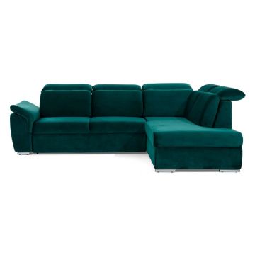 Colțar verde extensibil/cu spațiu de depozitare cu tapițerie din catifea (cu colț pe partea dreaptă/în formă de ”L”) Loreto – ELTAP