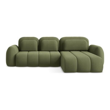 Colțar verde extensibil/cu spațiu de depozitare cu tapițerie din țesătură bouclé (cu colț pe partea dreaptă/cu șezlong) Pele – Makamii