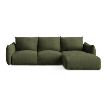 Colțar verde extensibil cu tapițerie din chenille (cu colț pe partea dreaptă/cu șezlong) Leila – Makamii