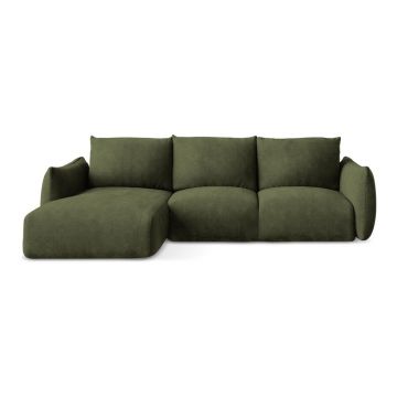 Colțar verde extensibil cu tapițerie din chenille (cu colț pe partea stângă/cu șezlong) Leila – Makamii