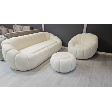 set Cloud Chic – canapea +2 fotolii +taburet din stofă bouclé crem