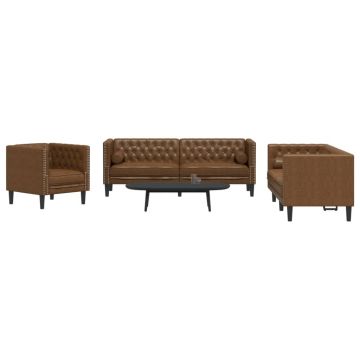 vidaXL Set canapele Chesterfield perne 3 piese maro piele întoarsă eco