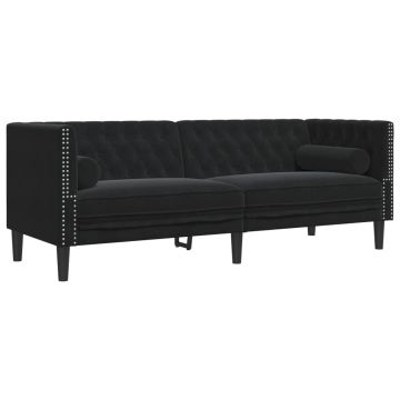Canapea Chesterfield cu pernute/3 locuri, negru, catifea