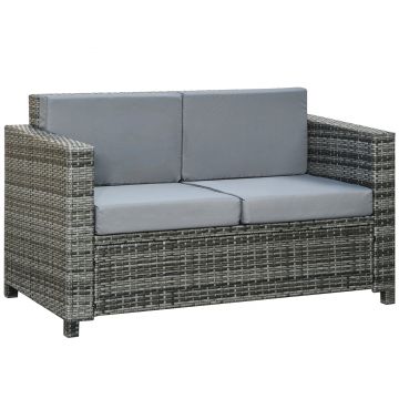 Canapea Outsunny din poly-rattan cu perne, canapea lounge de grădină 2 locuri metal poliester gri 130 x 70 x 80 cm | Aosom Romania