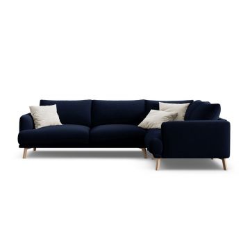 Colțar albastru închis cu tapițerie din catifea (cu colț pe partea dreaptă/în formă de ”L”) Naomi – Micadoni