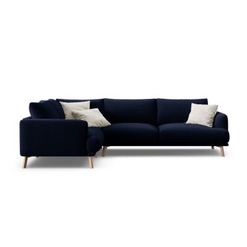 Colțar albastru închis cu tapițerie din catifea (cu colț pe partea stângă/în formă de ”L”) Naomi – Micadoni