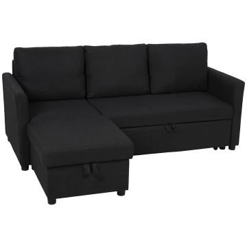 HOMCOM Canapea Extensibilă cu 3 Locuri și Șezlong Convertibil, Canapea de Colț Pliabilă cu Compartiment de Depozitare și 3 Perne Detașabile, Material Textil cu Efect de In, Living, 192x148x86cm, Gri Închis | Aosom Romania