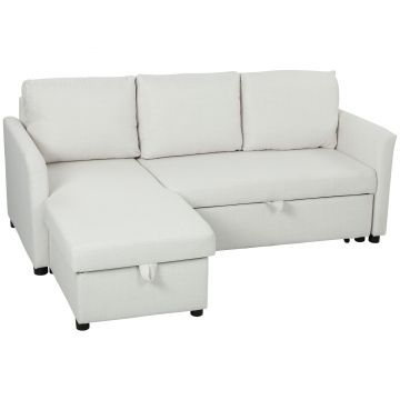 HOMCOM Divan Extensibil pentru 3 Persoane cu Șezlong Convertibil, Divan Rabatabil cu Compartiment de Depozitare și 3 Perne Detașabile, Material Textil cu Efect de In, Living, 192x148x86cm, Crem | Aosom Romania