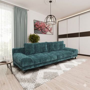 Canapea extensibilă Anton, ladă depozitare, spațiu dormit 210x148 cm, brațe integrate, structură lemn masiv + spumă poliuretanică + arcuri sinusoidale, tapițată cu stofă premium, 293x107x88 cm, personalizabil