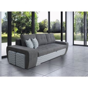 Canapea extensibilă Mara, design modern cu tabureți integrați și ladă de depozitare, burete gros și structură din fag masiv, 250x192 cm, culoare personalizabilă