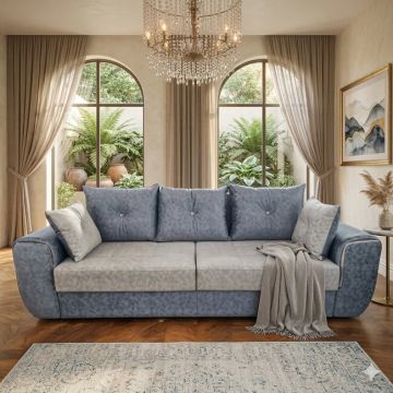 Canapea extensibilă Milano - 258x100 cm, cu ladă de depozitare, tapițerie stofă, saltea poliuretanică, structură fag