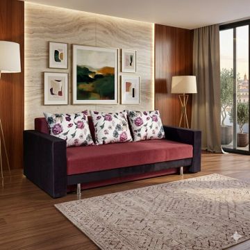 Canapea extensibilă Raluca, culoare personalizabila - 223x192 cm, model compact cu ladă integrată, perne umplute cu fulgi și spumă poliuretanică, structură din fag masiv