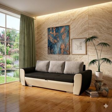 Canapea extensibilă Salsa, culoare personalizabila - 242x192 cm, cusături decorative și ladă de depozitare, confort sporit și structură din fag masiv